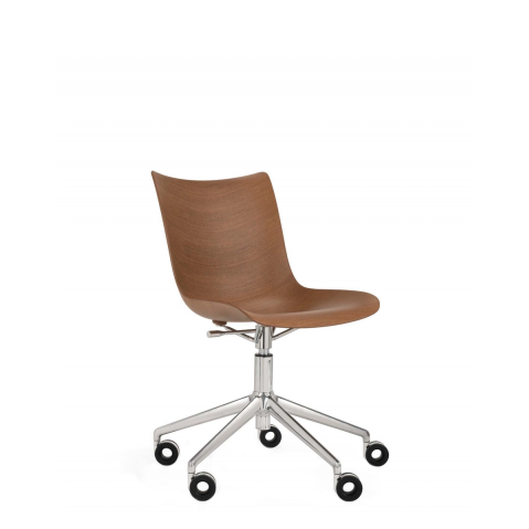Chaise de bureau avec roulettes P/WOOD de Kartell, Assise bois foncé, Structure chrome